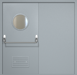 Двупольная техническая дверь RAL 7040 Антипаника с круглым стеклопакетом (вентиляция)