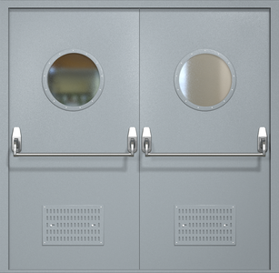 Двупольная техническая дверь RAL 7040 Антипаника с круглыми стеклопакетами (вентиляция, две ручки)