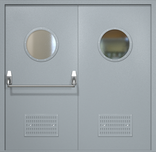 Двупольная техническая дверь RAL 7040 Антипаника с круглыми стеклопакетами (вентиляция)