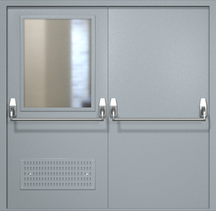 Двупольная техническая дверь RAL 7040 Антипаника с широким стеклопакетом (вентиляция, две ручки)