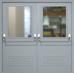 Двупольная техническая дверь RAL 7040 Антипаника с широкими стеклопакетами (вентиляция, две ручки)