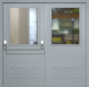 Двупольная техническая дверь RAL 7040 Антипаника с широкими стеклопакетами (вентиляция)