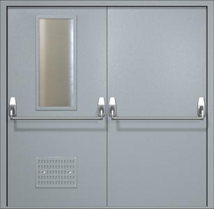 Двупольная техническая дверь RAL 7040 Антипаника с узким стеклопакетом (вентиляция, две ручки)