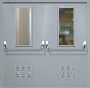 Двупольная техническая дверь RAL 7040 Антипаника с узкими стеклопакетами (вентиляция, две ручки)