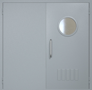 Двупольная техническая дверь RAL 7040 с круглым стеклопакетом (ручка-скоба, вентиляция)