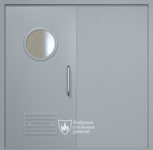 Двупольная техническая дверь RAL 7040 с круглым стеклопакетом (ручка-скоба, вентиляция)