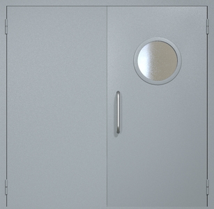Двупольная техническая дверь RAL 7040 с круглым стеклопакетом (ручка-скоба)