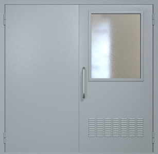 Двупольная техническая дверь RAL 7040 с широким стеклопакетом (ручка-скоба, вентиляция)