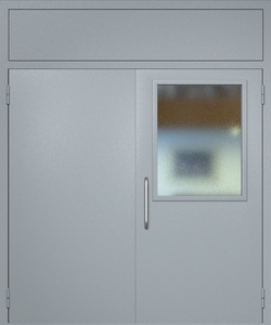 Двупольная техническая дверь RAL 7040 с широким стеклопакетом (ручка-скоба, фрамуга)