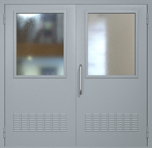 Двупольная техническая дверь RAL 7040 с широкими стеклопакетами (ручка-скоба, вентиляция 2 шт)