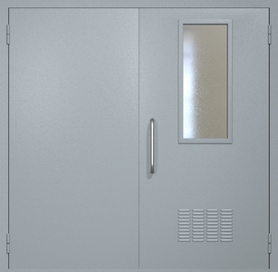Двупольная техническая дверь RAL 7040 с узким стеклопакетом (ручка-скоба, вентиляция)