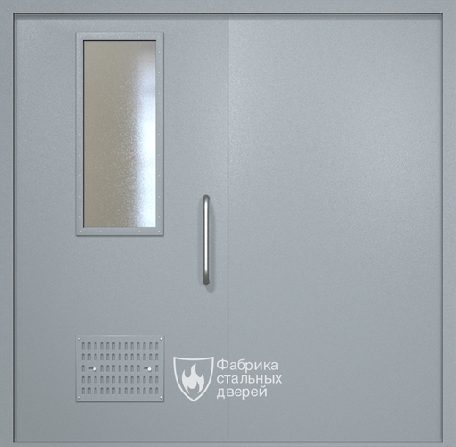 Двупольная техническая дверь RAL 7040 с узким стеклопакетом (ручка-скоба, вентиляция)