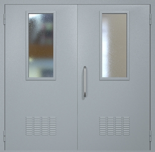 Двупольная техническая дверь RAL 7040 с узкими стеклопакетами (ручка-скоба, вентиляция 2 шт)