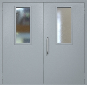 Двупольная техническая дверь RAL 7040 с узкими стеклопакетами (ручка-скоба)