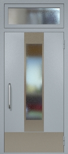 Однопольная техническая дверь RAL 7040 с удлиненным узким стеклопакетом (ручка-скоба, остекленная фрамуга, отбойник)