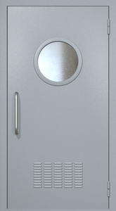 Однопольная техническая дверь RAL 7040 с круглым стеклопакетом (ручка-скоба, вентиляция)