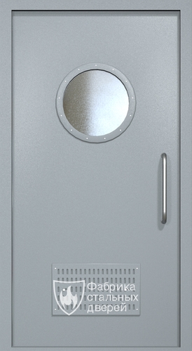 Однопольная техническая дверь RAL 7040 с круглым стеклопакетом (ручка-скоба, вентиляция)