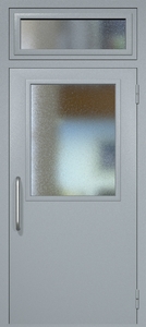 Однопольная техническая дверь RAL 7040 с широким стеклопакетом (ручка-скоба, остекленная фрамуга)