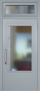 Однопольная техническая дверь RAL 7040 с удлиненным широким стеклопакетом (ручка-скоба, остекленная фрамуга)