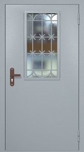 Однопольная техническая дверь RAL 7040 с узким стеклопакетом и решеткой