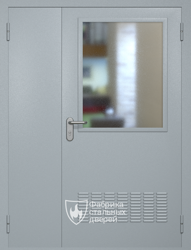 Полуторная техническая дверь RAL 7040 Антипаника с широким стеклопакетом (вентиляция)