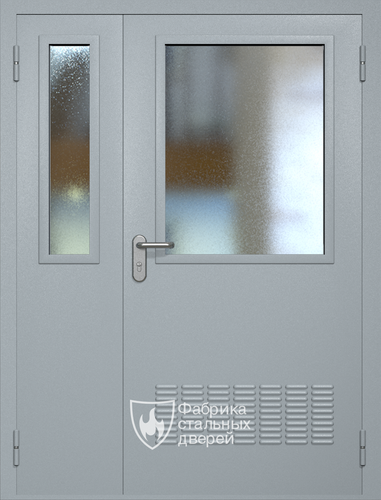 Полуторная техническая дверь RAL 7040 Антипаника с широкими стеклопакетами (вентиляция)