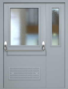Полуторная техническая дверь RAL 7040 Антипаника с широкими стеклопакетами (вентиляция)
