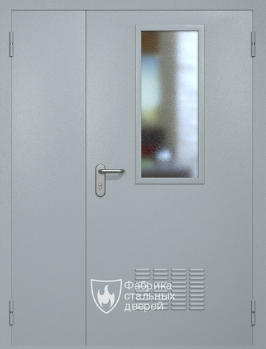 Полуторная техническая дверь RAL 7040 Антипаника с узким стеклопакетом (вентиляция)