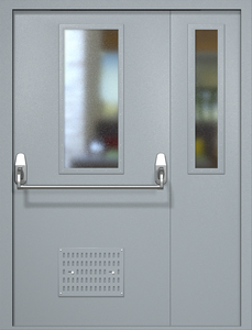 Полуторная техническая дверь RAL 7040 Антипаника с узкими стеклопакетами (вентиляция)