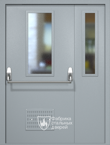 Полуторная техническая дверь RAL 7040 Антипаника с узкими стеклопакетами (вентиляция)
