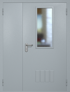 Полуторная техническая стальная дверь RAL 7040 с узким стеклопакетом (вентиляция)