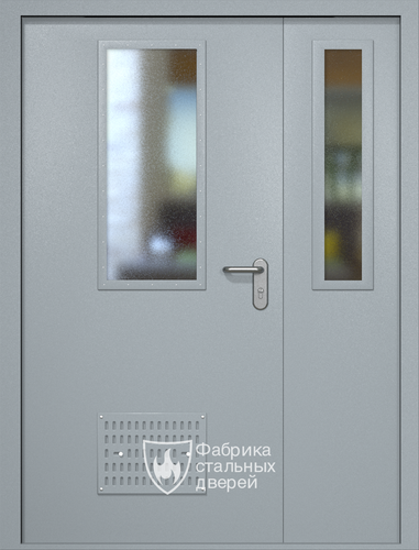 Полуторная техническая стальная дверь RAL 7040 с узкими стеклопакетами (вентиляция)