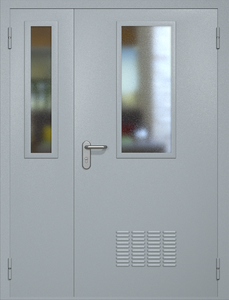 Полуторная техническая стальная дверь RAL 7040 с узкими стеклопакетами (вентиляция)