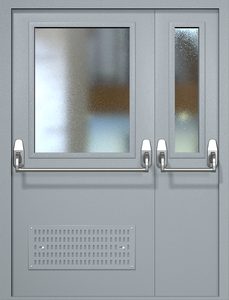 Полуторная техническая дверь RAL 7040 Антипаника с широкими стеклопакетами (вентиляция, две ручки)