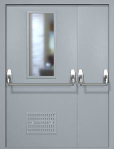 Полуторная техническая дверь RAL 7040 Антипаника с узким стеклопакетом (вентиляция, две ручки)