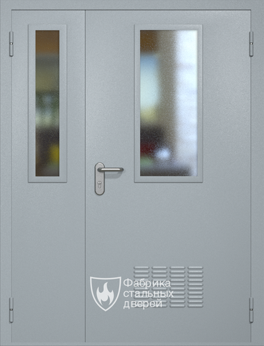 Полуторная техническая дверь RAL 7040 Антипаника с узкими стеклопакетами (вентиляция, две ручки)