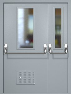 Полуторная техническая дверь RAL 7040 Антипаника с узкими стеклопакетами (вентиляция, две ручки)