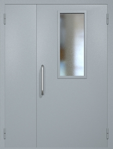 Полуторная техническая дверь RAL 7040 с узким стеклопакетом (ручка-скоба)