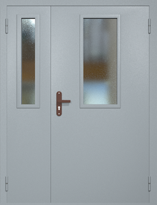 Полуторная техническая дверь RAL 7040 с узкими стеклопакетами