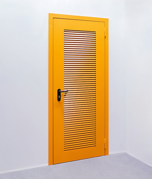 Техническая дверь желтого цвета с вентиляцией по всей высоте полотна Техническая дверь желтого цвета с вентиляцией по всей высоте полотна